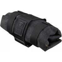 Black Topeak Burrito Wrap tool roll with secure straps and logo patch, compact and rolled design.