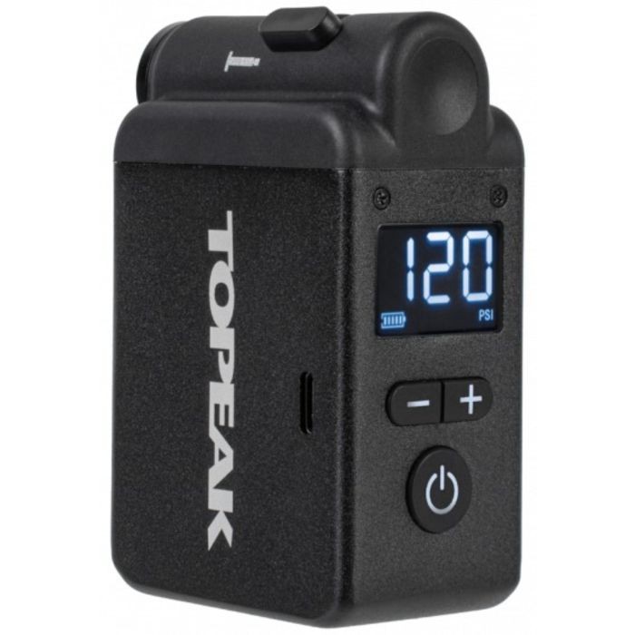 Compact black digital air pump with a bright blue LED display showing pressure up to 120 PSI, featuring a power button and +/- controls, made from durable material.