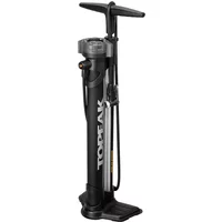 Black Topeak JoeBlow Booster floor pump with pressure gauge, ergonomic handle, and sturdy base.