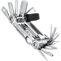Silver Topeak Mini 20 Pro multi-tool with various fold-out hex wrenches, screwdrivers, and a chain tool.