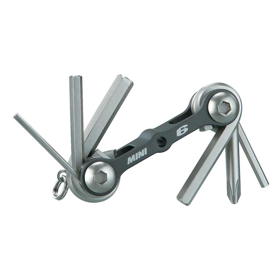 Compact multi-tool in matte black and silver, featuring six functions including hex wrenches and screwdrivers, with a keyring attachment for portability.