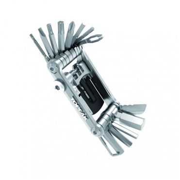 Silver multi-tool featuring various metal tools and bits, compact design with a sleek finish, ideal for bike repairs and maintenance.