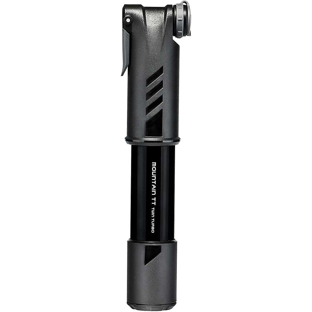Topeak Mountain TT Twin Turbo Pump features a sleek black aluminum body with a compact design, a foldable handle, and no gauge for easy portability.