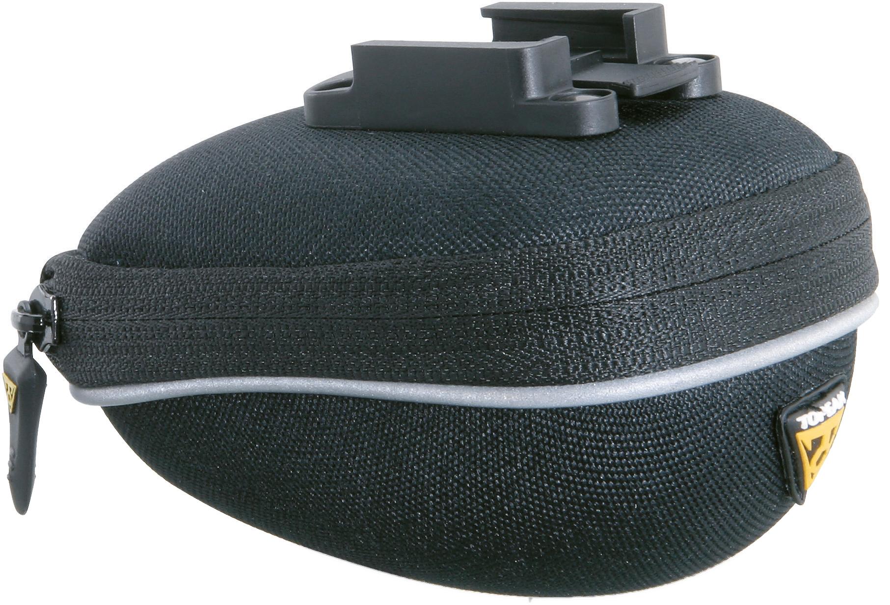 Black Topeak ProPack Micro Saddle Bag with zipper, compact oval shape, and reflective strip.