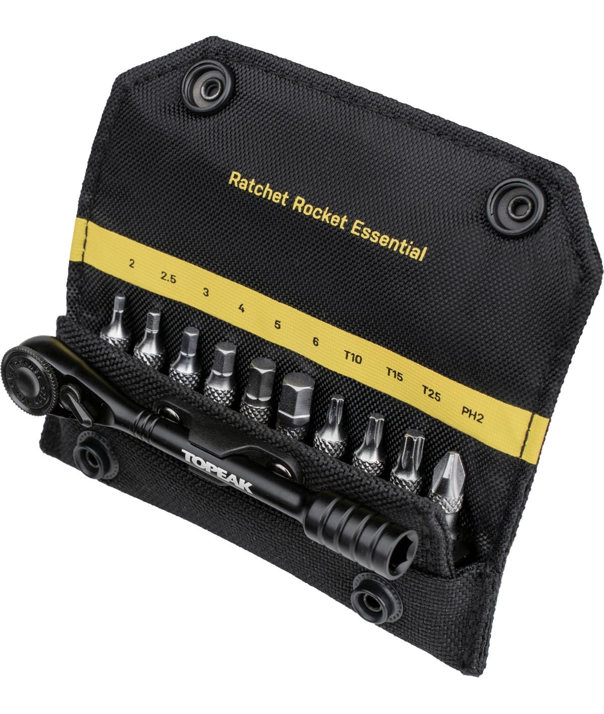 Compact black tool pouch with yellow lettering, containing a ratchet handle and multiple metal bits, including various sizes and types for bike maintenance.