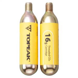 Two gold-colored, threaded CO2 cartridges labeled "16g" and branded with the TOPEAK logo, designed for bicycle tire inflation.