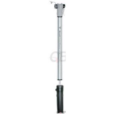 Topeak Road Masterblaster Pump features a sleek silver aluminum body with a black rubber grip and a flexible hose, designed for efficient tire inflation on the go.