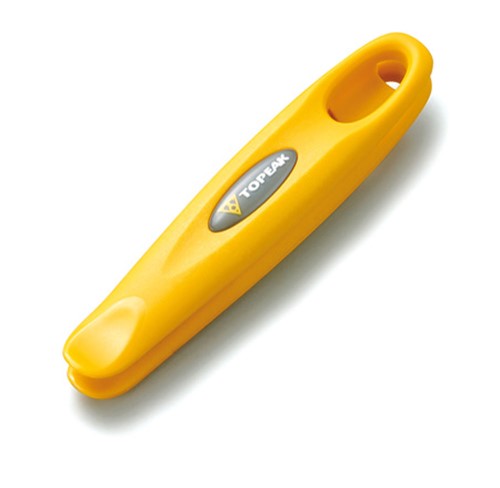 Bright yellow plastic tyre lever with a smooth, curved design and a central TOPEAK logo, designed for easy tire removal and installation.