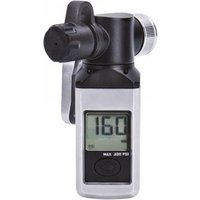 Black and silver Topeak Shuttle Digital Gauge with LCD screen displaying pressure, ergonomic handle, and nozzle attachment.