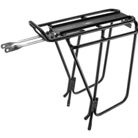 Black Topeak Super Tourist DX rear bike rack with adjustable side bars and top platform for panniers and cargo.