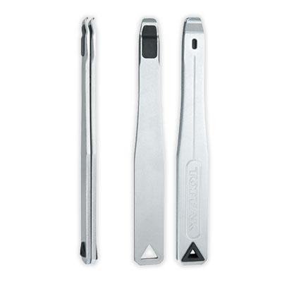 Three silver steel tyre levers with a sleek design, featuring a pointed end for easy tire removal and a textured grip area, branded with "TOPEAK" on one lever.