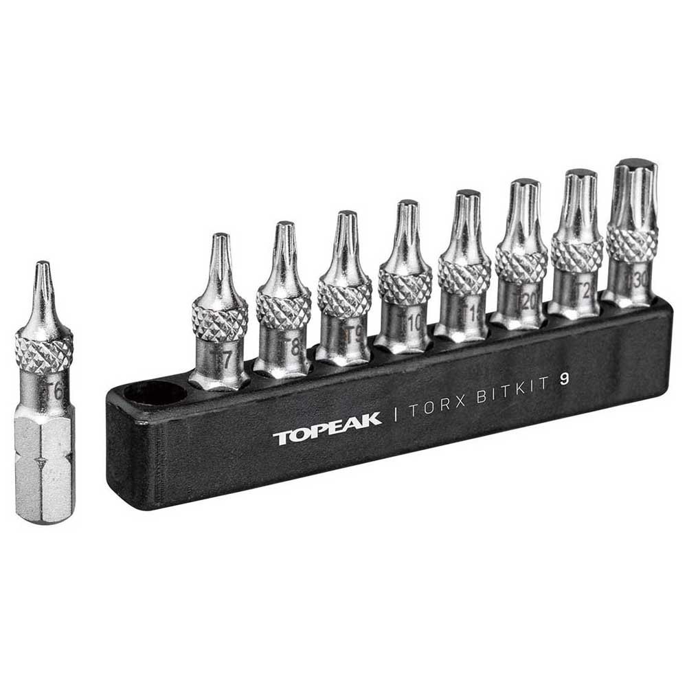 Topeak Torx Bitkit 9 features nine shiny metal Torx bits in a black holder, labeled with sizes, designed for precision fastening in various applications.