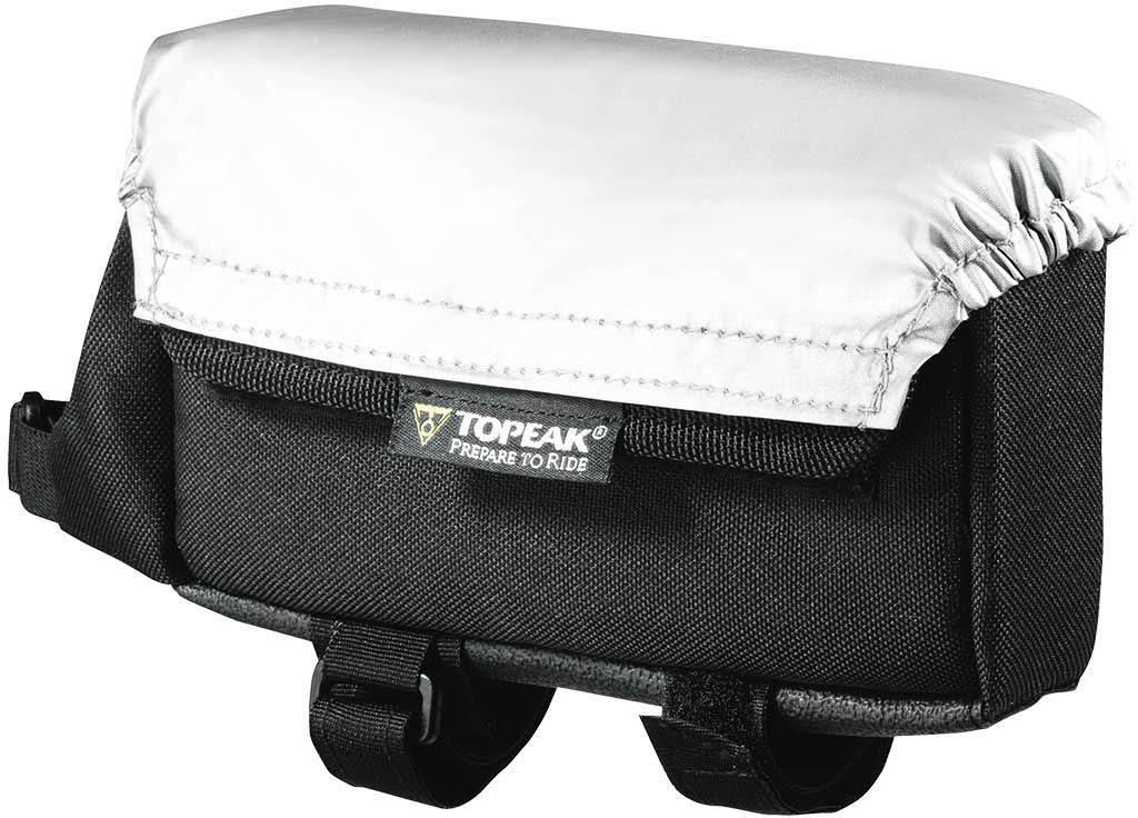 Black Topeak Tribag All Weather Large with white waterproof cover and two Velcro straps for bike attachment.
