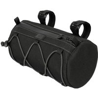 Black Topeak tubular handlebar bag with zipper closure, adjustable straps, and exterior bungee cords for extra storage.