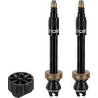 Black Topeak Turboflow Valve Kit with two threaded valves and a black adjustment cap, featuring brass accents.