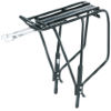 Black metal rear pannier rack with a sturdy frame, adjustable mounting arms, and a flat top surface designed for carrying bags or cargo on bicycles.