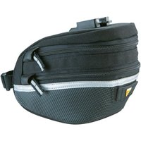 Black Topeak Wedge II QuickClick saddle bag with reflective strip, zippered compartments, and textured lower section.