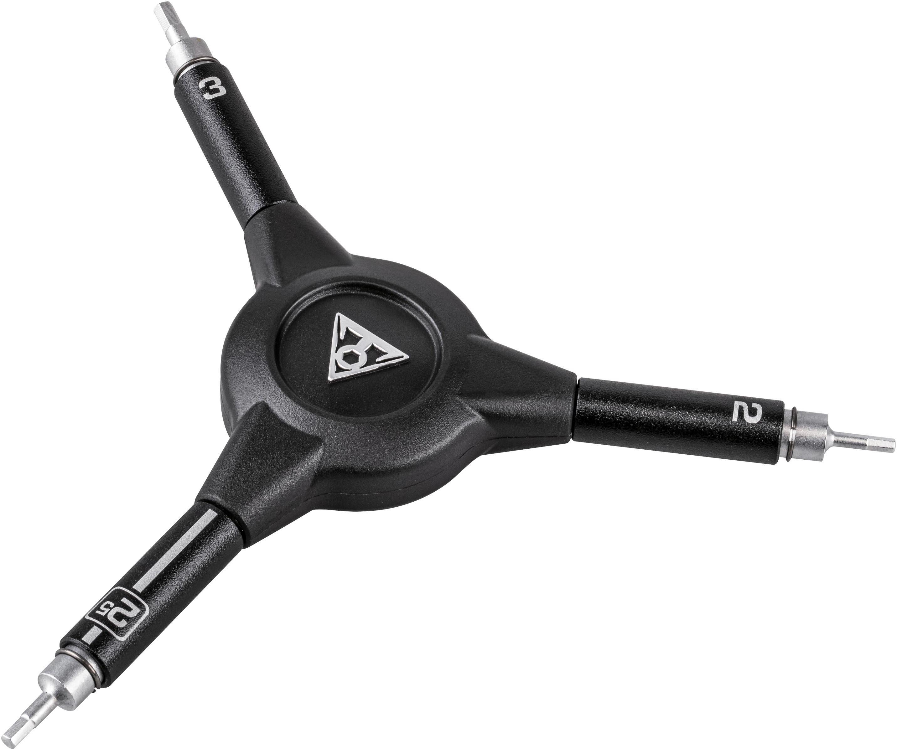 Black Topeak Y-Hex Speed Wrench with 2, 2.5, 3mm hex keys, triangular handle, and silver tips.