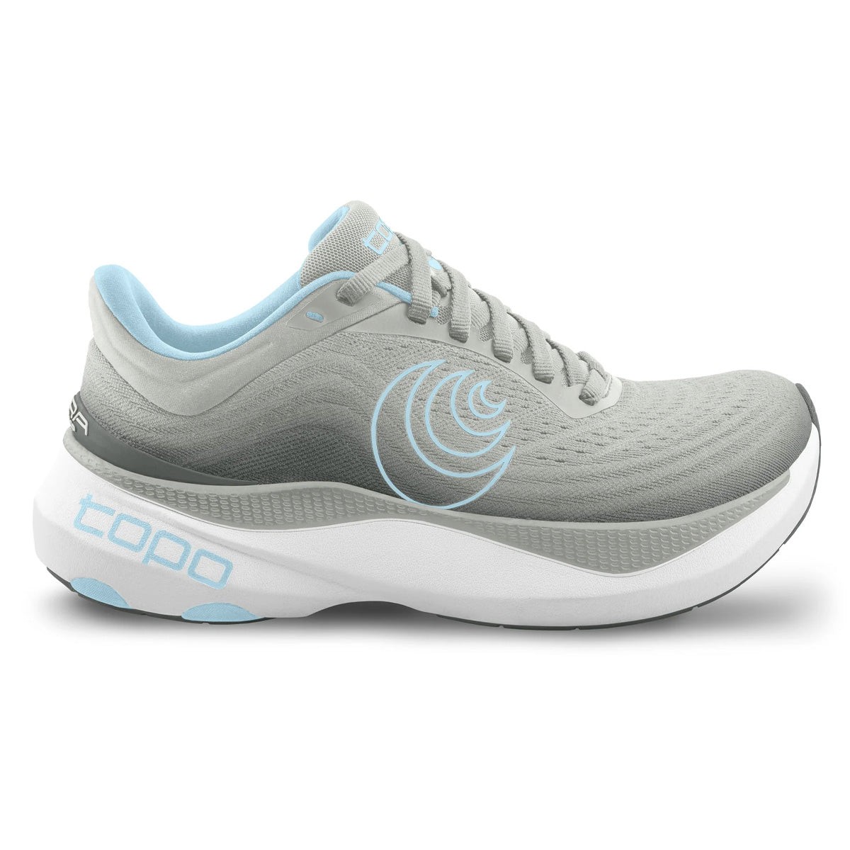 Grey and blue women's running shoes with a synthetic upper, featuring a cushioned sole, lightweight design, and a distinctive logo on the side. Size 6.5 B - Medium.