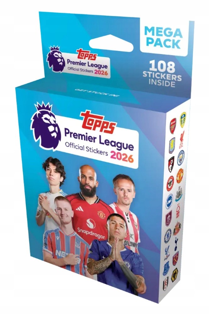 Topps Premier League 2026 Official Stickers Mega Pack in a colorful box featuring club logos, player images, and the text "MEGA PACK" with "108 STICKERS INSIDE."