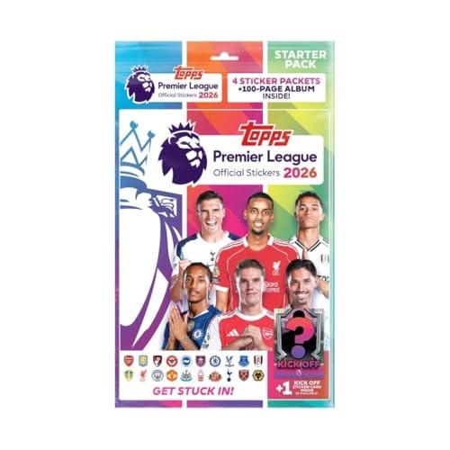 Premier League Topps 2026 Stickers Starter Pack featuring vibrant colors, includes four sticker packets and a 100-page album, showcasing player images and team logos.