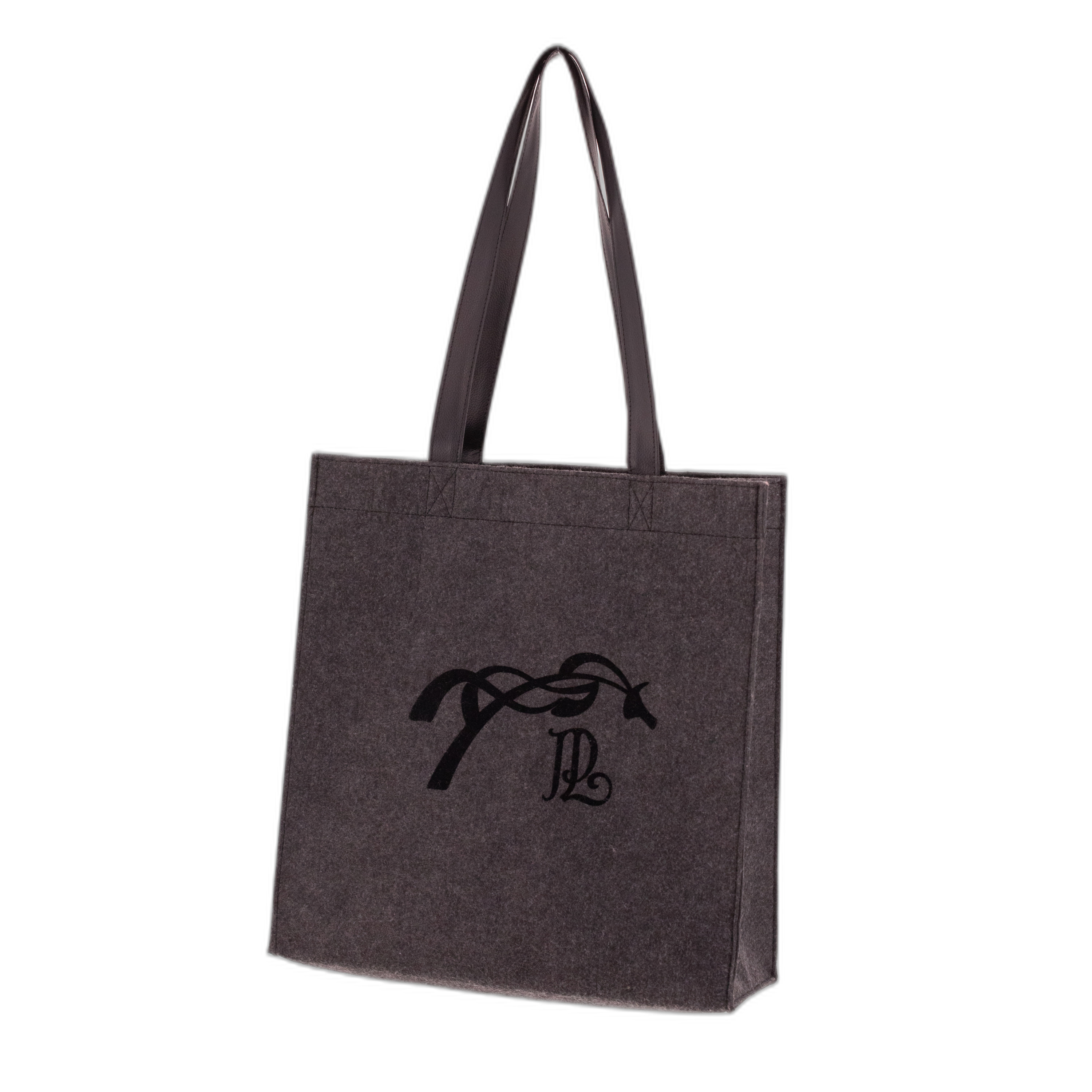 Gray felt tote bag with black logo design, featuring sturdy dark handles and a spacious rectangular shape, ideal for everyday use.