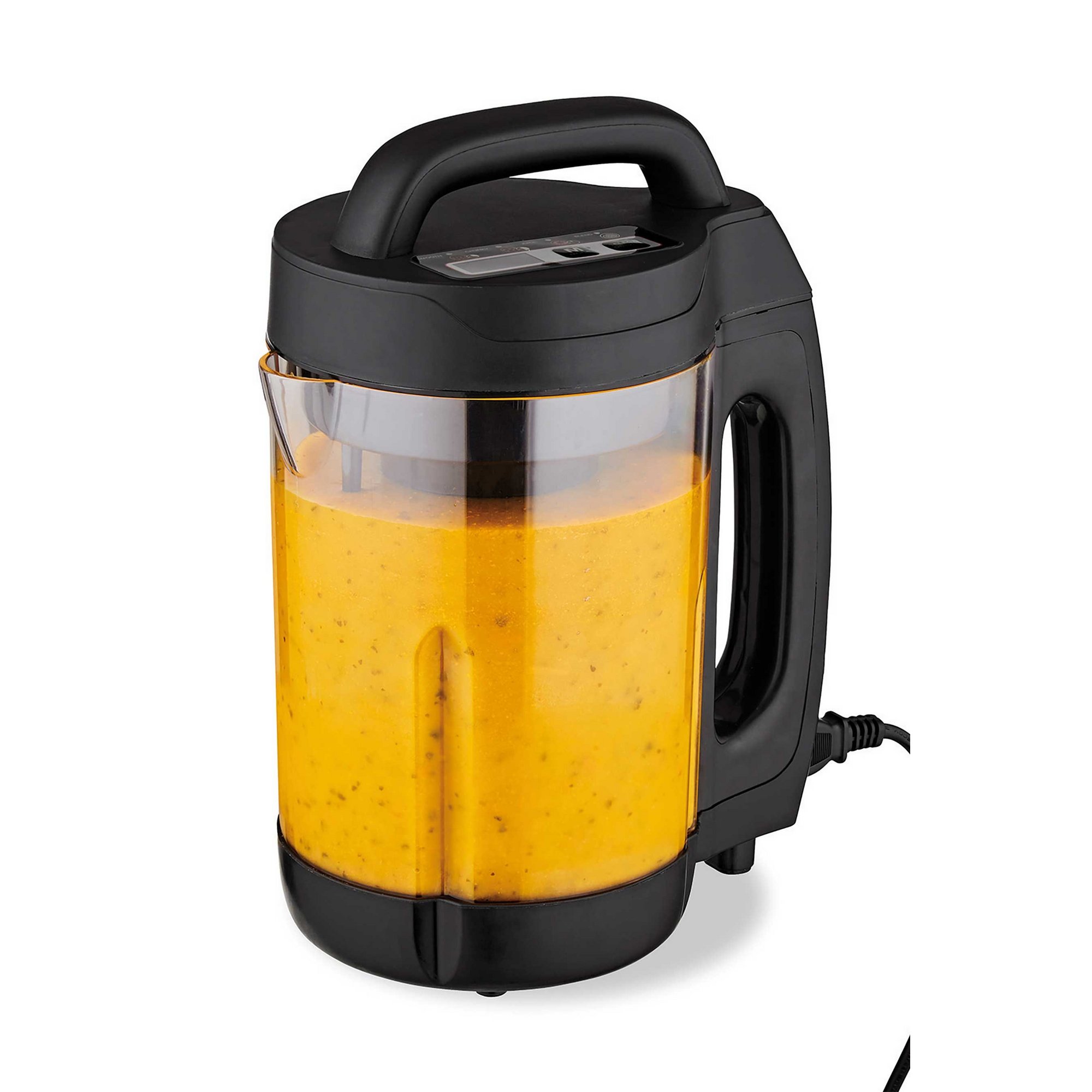 Black and transparent 1.6L soup maker with a sturdy handle, featuring a digital control panel and a sleek design, showcasing vibrant orange soup inside.