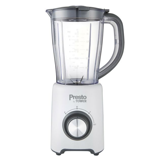 White 500W tabletop jug blender with a transparent 1.5L jug, a grey handle, and a control dial on the base, featuring measurement markings on the jug.
