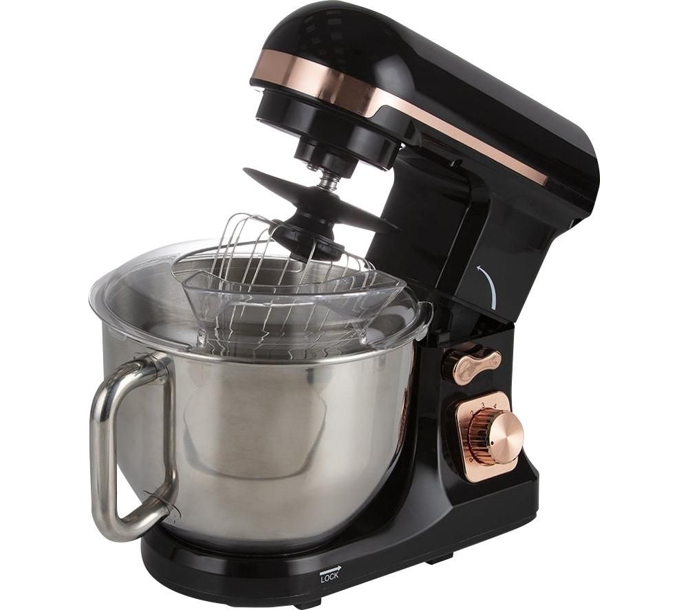 Tower 3-in-1 stand mixer in rose gold and black, featuring a 5L stainless steel bowl, 1000W motor, and a whisk attachment for versatile mixing options.