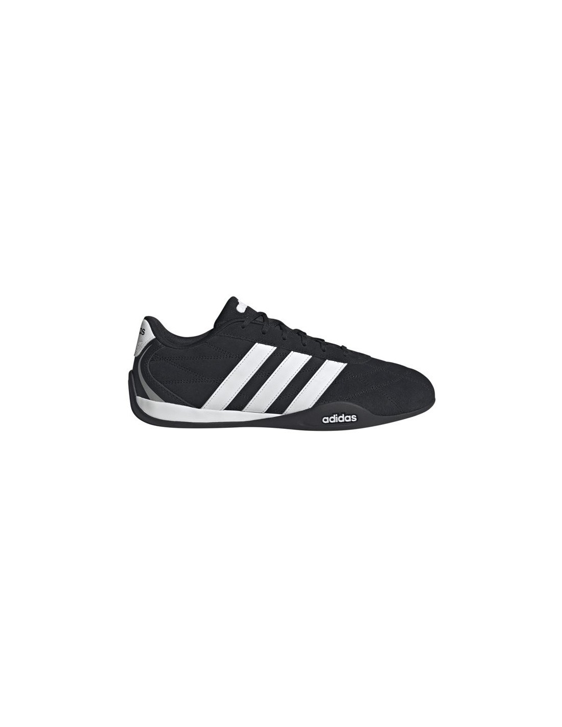 Black Adidas trainers with three white stripes, featuring a sleek design, lace-up closure, and a rubber sole for enhanced grip and comfort.