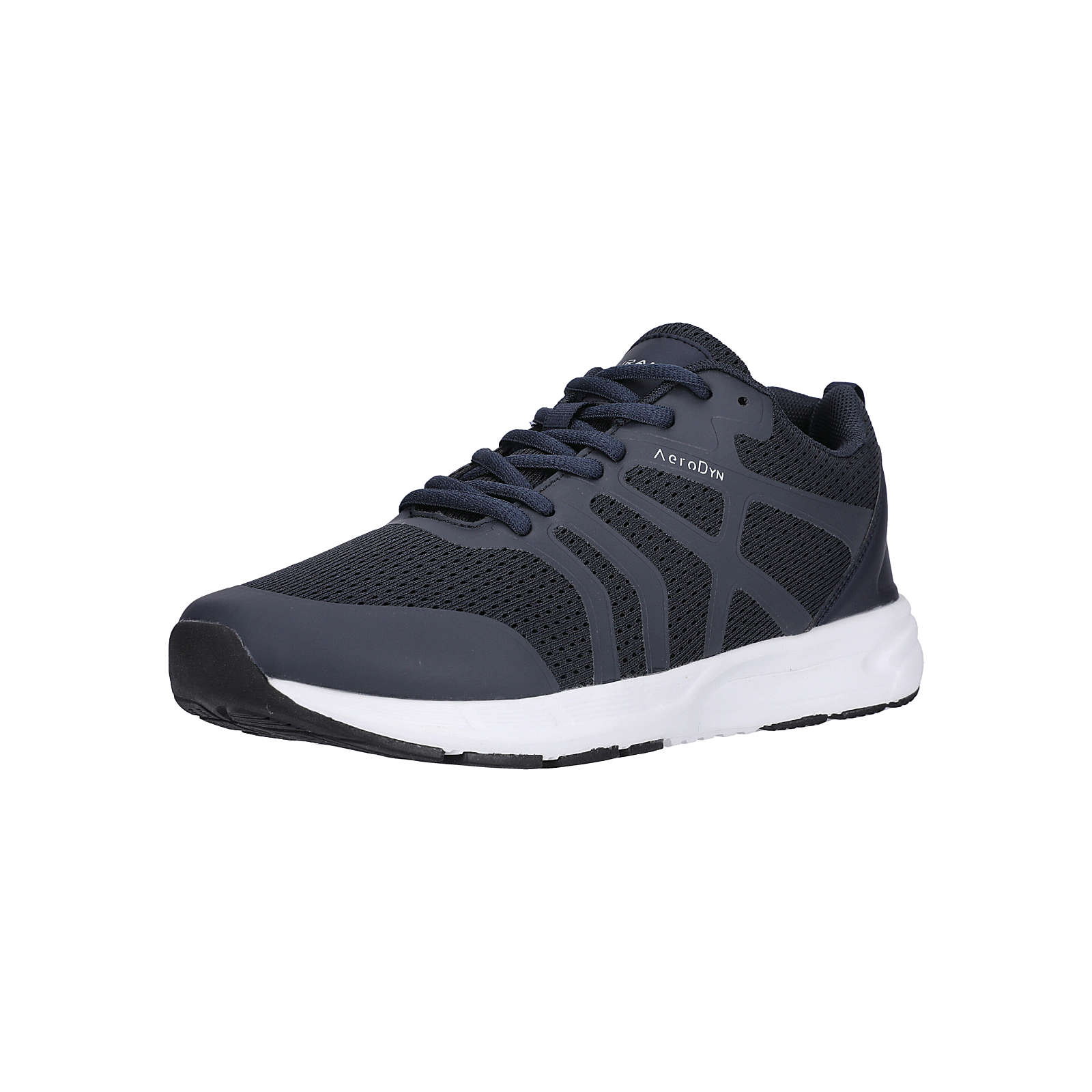 Navy blue mesh trainers with a white sole, featuring a sleek design, lace-up closure, and prominent side stripes for breathability and support.