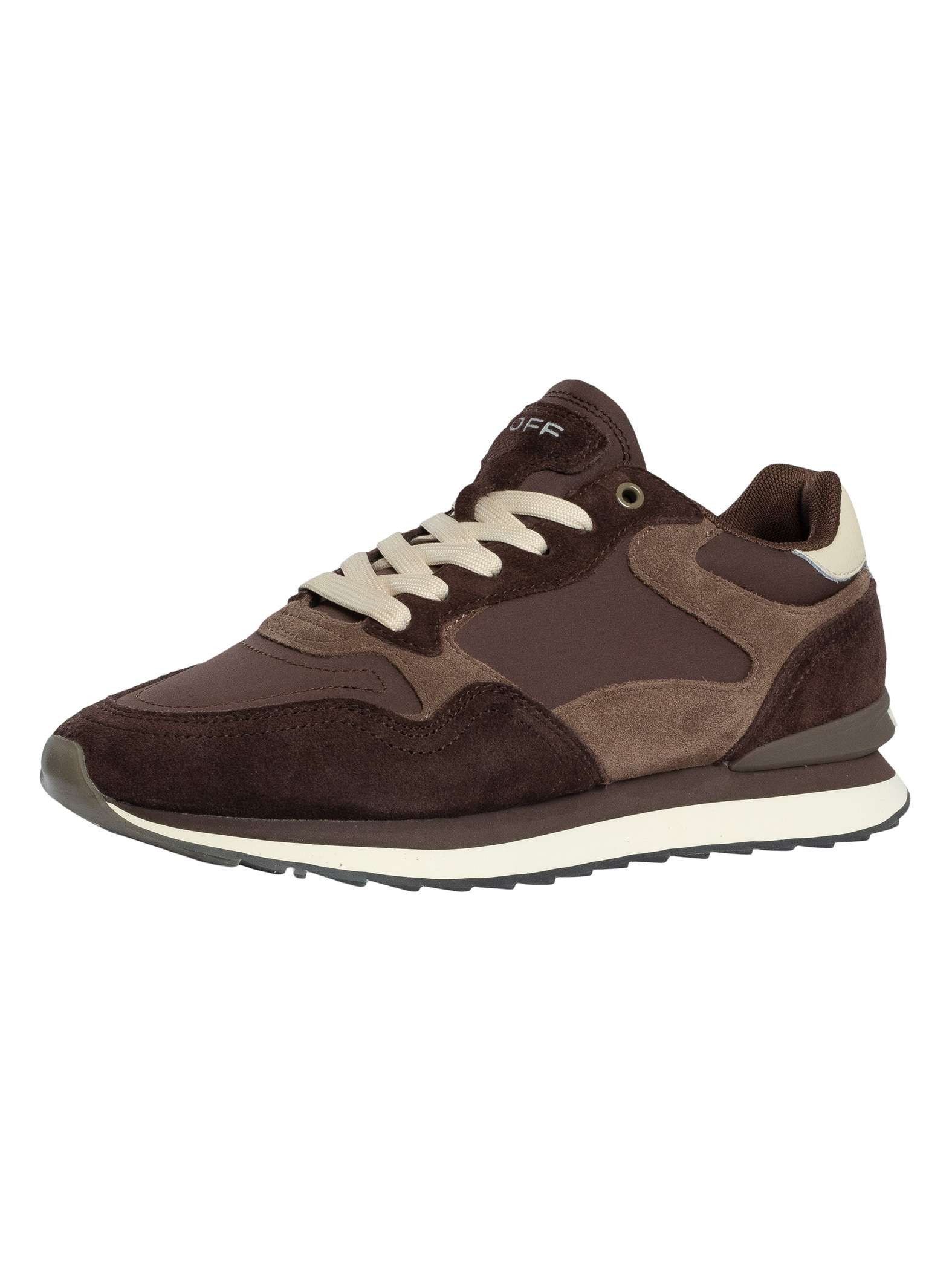 Brown suede and mesh trainers with a cream sole, featuring a lace-up front and contrasting panels for a stylish, sporty look.