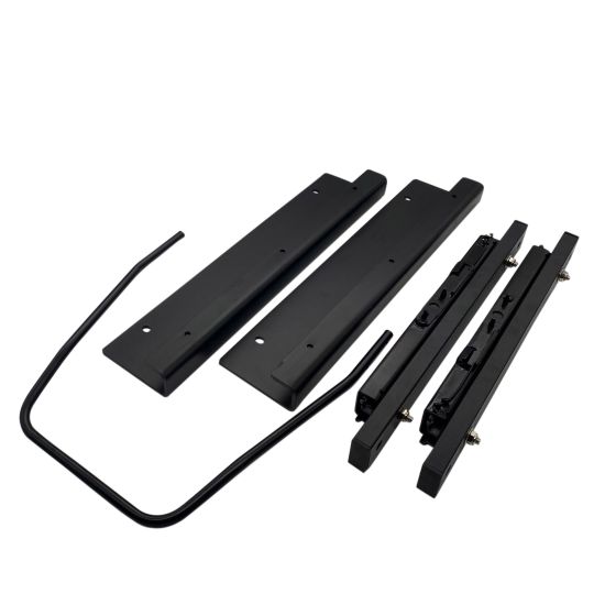 Adjustable black metal pedal slider components for Trak Racer models RS6, TR8, and FS3, featuring smooth sliding rails and sturdy construction for enhanced racing performance.