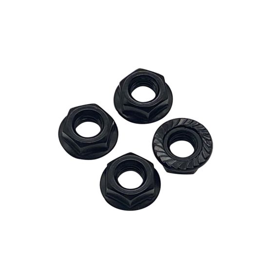 Four black flange nuts with a textured edge, designed for durability and secure fastening, showcasing a sleek, matte finish.