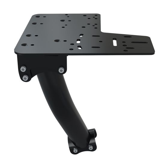 Black metal shifter and handbrake upgrade kit with a sturdy, curved support arm and multiple mounting holes for adjustable positioning.