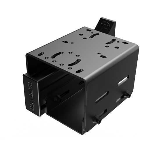 Black metal shifter mount with a 240mm profile, featuring multiple mounting holes and a sturdy design for universal compatibility in drifting setups.
