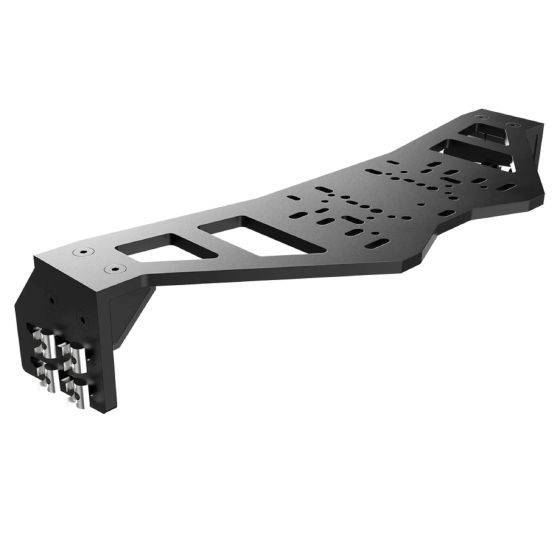 Black aluminum wheel deck plate featuring multiple adjustment holes for slide and angle settings, designed for universal compatibility with racing setups.