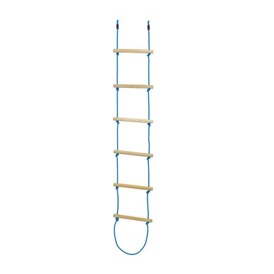 A 7-foot rope ladder featuring five wooden rungs and blue nylon ropes, designed for climbing and play.