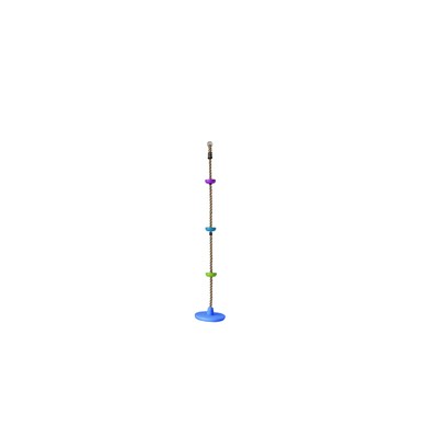 Colorful climbing rope swing with a sturdy blue base, featuring multiple vibrant plastic grips in purple, green, and blue along the rope for easy climbing and play.