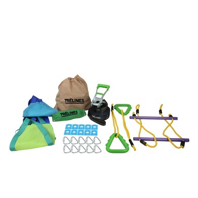 Colorful 36-ft. gymnastics kit featuring green and blue fabric, yellow elastic bands, purple bars, metal carabiners, and a tan storage bag with "Trelines" branding.