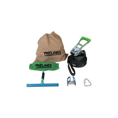 Hape Toys Trelines Roller Adventure Line set includes a green handle, black strap, blue tool, carabiner, and a burlap bag, designed for outdoor fun and adventure.