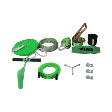 Trelines Zip Line with Brake set featuring green ropes, metal hardware, a brake system, and a handle, all designed for outdoor fun.