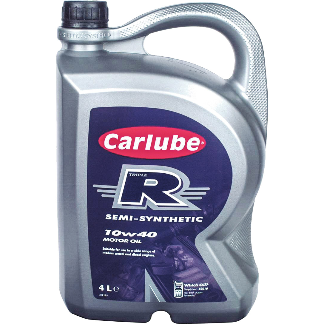 Silver plastic container of Carlube Triple R Semi-Synthetic 10W40 motor oil, featuring a bold purple label with white text, and a black screw cap for easy pouring.