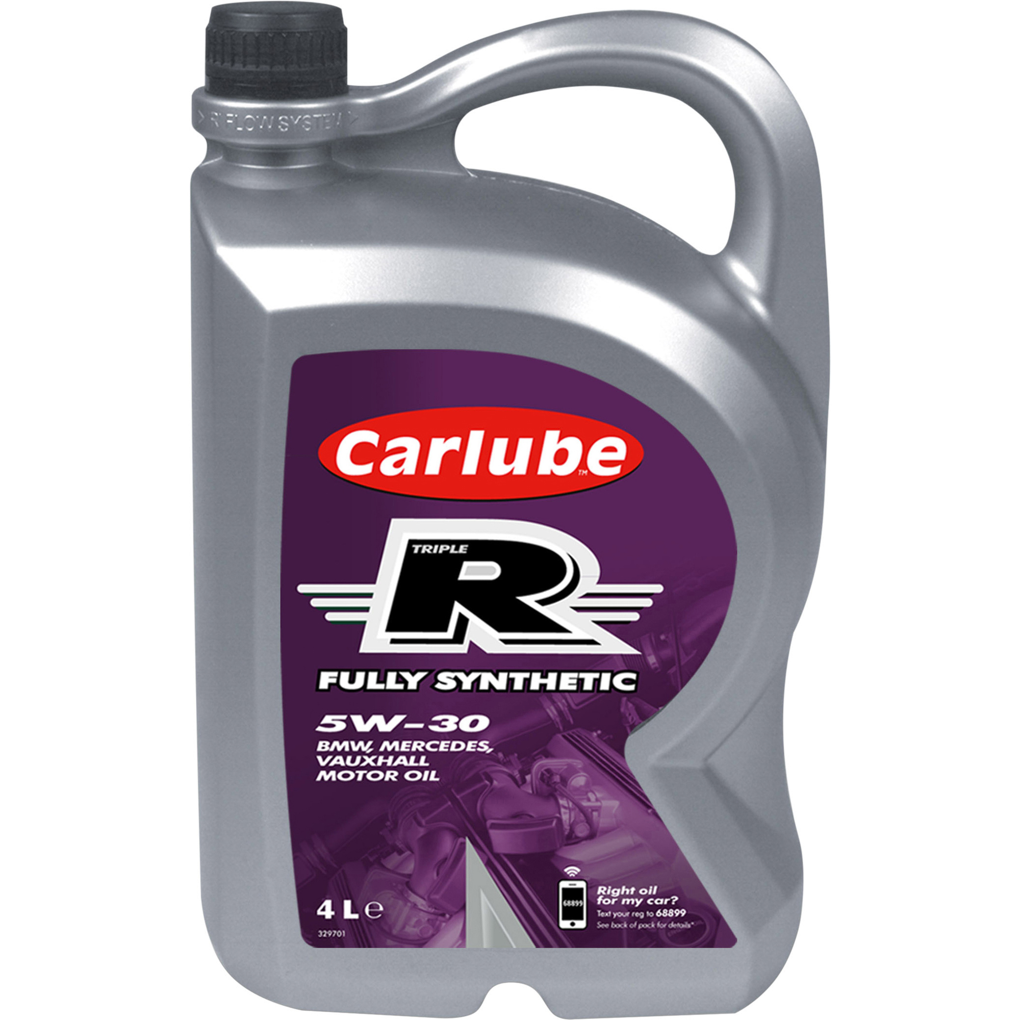 Silver plastic container of Carlube Triple R Fully Synthetic Engine Oil, 5W30, featuring a purple label with the brand logo and specifications, holding 4 liters.