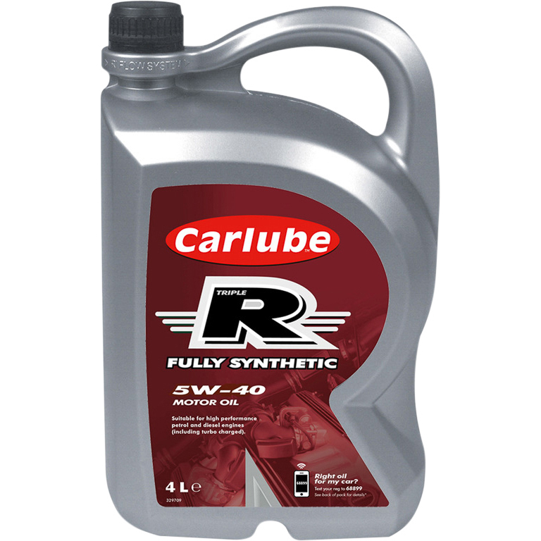 Silver plastic container of Carlube Triple R Fully Synthetic 5W40 motor oil, featuring a red label with a bold "R" and a handle for easy pouring, holding 4 liters.