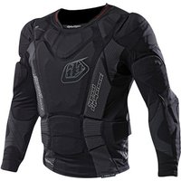 Black Troy Lee Designs youth MTB shirt with padded armor on chest, shoulders, and arms, featuring logo on chest.