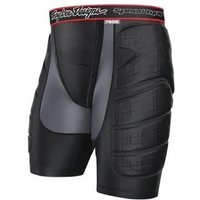 Black and gray MTB shorts with padded panels and red waistband, featuring Troy Lee Designs logo.