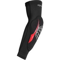 Black Troy Lee Designs Raid MTB Elbow Guards with red accents and logo, featuring a sleek, ergonomic design.