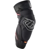 Black Troy Lee Designs Raid MTB knee guard with white logo, adjustable strap, and red accents.
