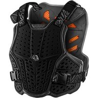 Black Troy Lee Designs Rockfight CE MTB chest protector with perforated panels, adjustable straps, and orange interior padding.